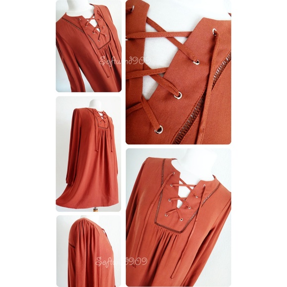 Rust Laced Up Long Sleeves BOHO Flowy Shift Dress - Picture 4 of 7